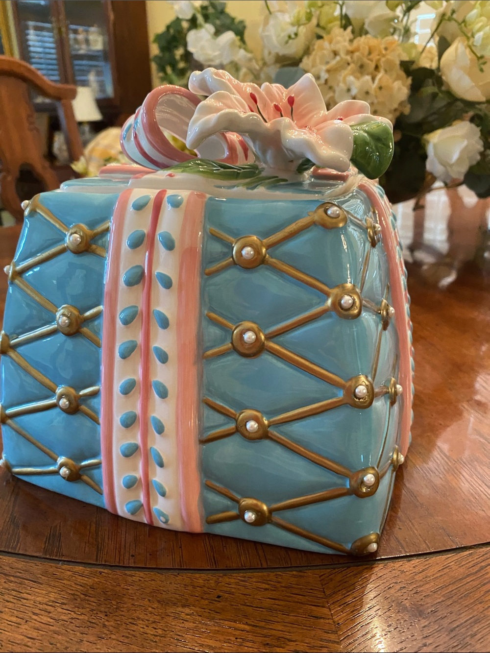 David’s Cookies collector’s , Blue Ceramic Gift Box with Pink Ribbon Accent